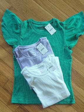 Crewcuts Ribbed Ruffle Sleeve Tees — Green, Lavender & White (3-Pack)